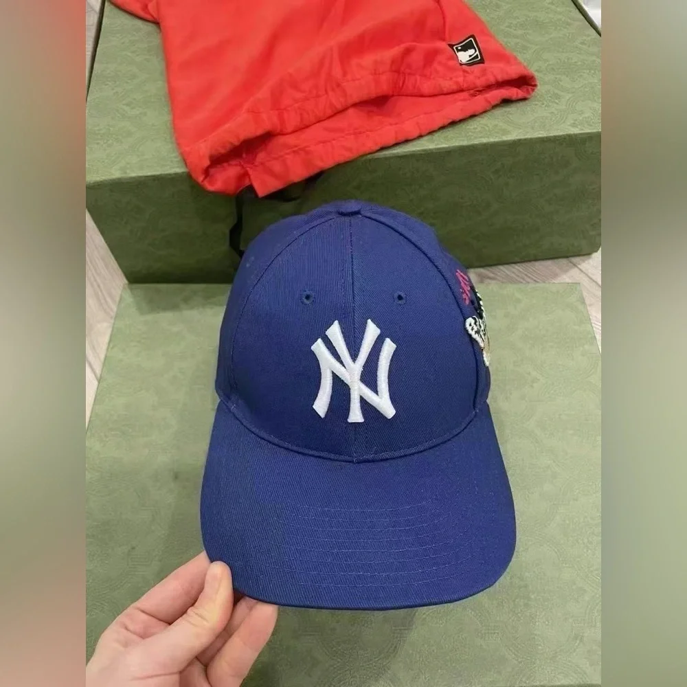 Authentic Gucci x NFL Yankees Butterfly Embroidered Baseball Cap Hat Blue NWT